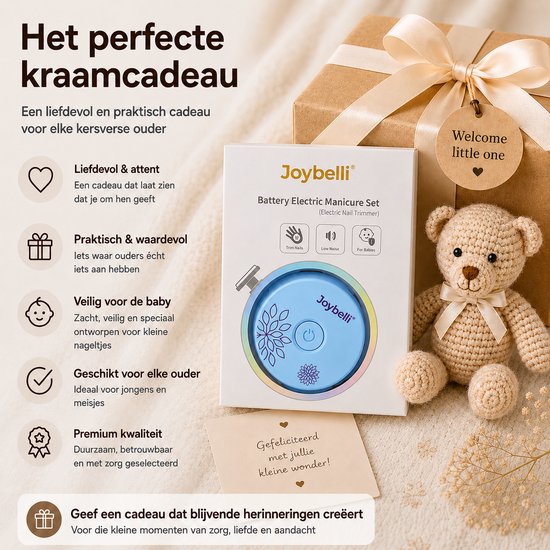 Lichtblauwe elektrische babynagelvijl met bloemenprint en 'Joybelli' logo op een cadeauverpakking met teddybeer.