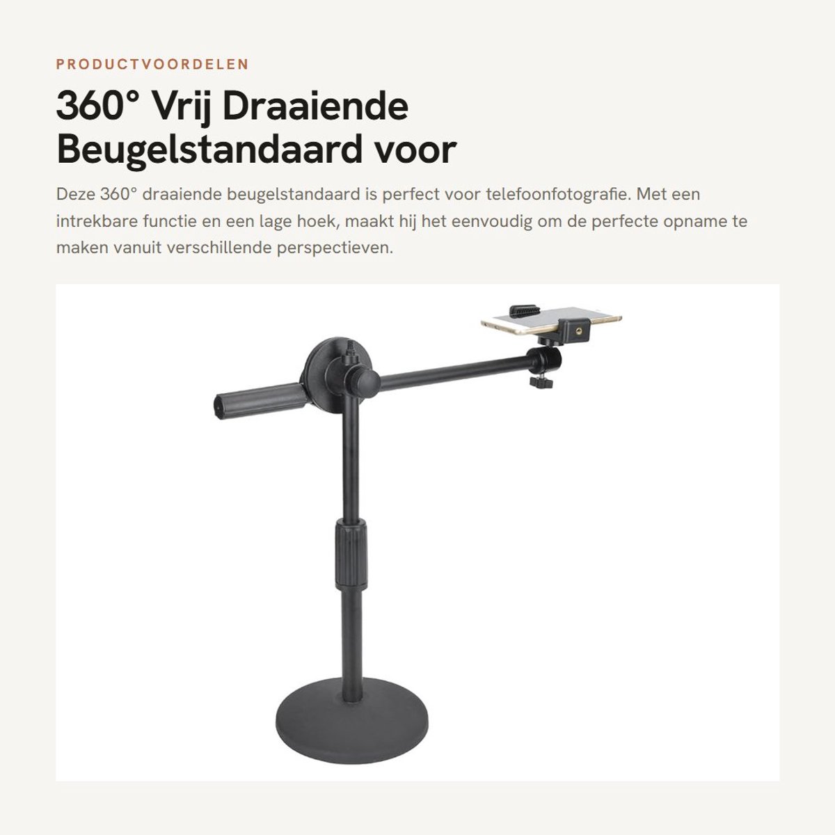 Dailygoods- Fotografiestandaard 360° Vrij Draaiend - Beugelstandaard - Telefoonhouder - Live Video - Intrekbare Opnamebeugel - Metaal - Geschikt voor Mobiele Telefoons 5,3-10 cm - Telefoonstatief
