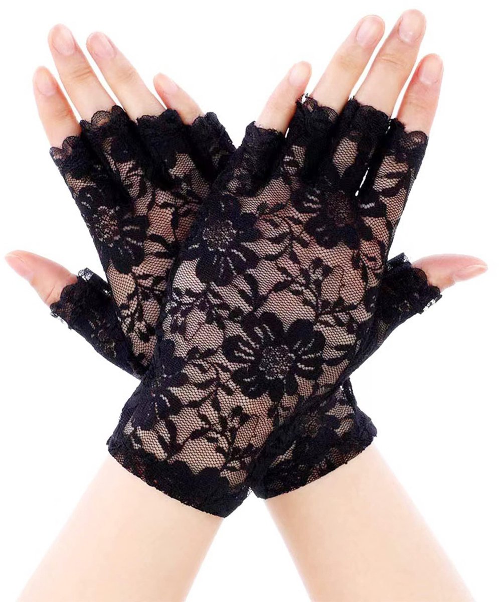 Dailygoods- Handschoenen Vingerloos - Kanten Ellebooghandschoenen - Bruidsaccessoires - Halve Vinger - Zwart - Sierlijke Patronen - Vingerloze Handschoenen