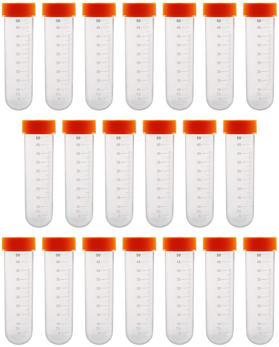 Dailygoods- Reageerbuisjes 50 ml - 20 Stuks - Kunststof - Schroefsluitingen - Centrifugeerbuizen - Laboratoriumexperimenten - Afgeronde Bodem - Laboratoriumbuis
