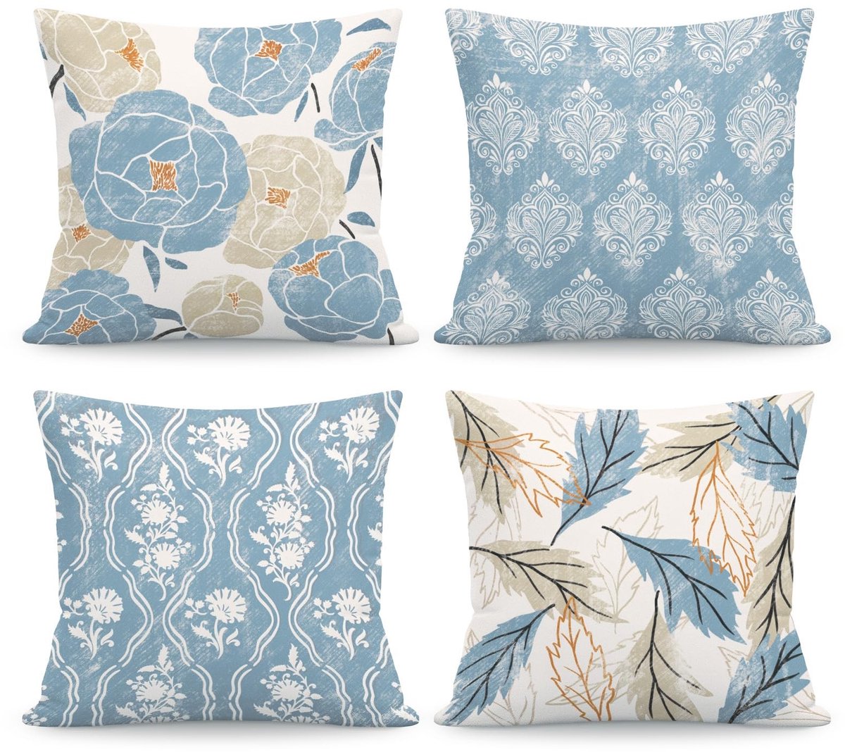 Dailygoods- Kussenhoezen Set van 4 - Vintage Bloemen Blauw/Wit - Fluweel 45 x 45 cm - Decoratieve Kussenhoezen - Verborgen Ritssluiting - Machinewasbaar - Kussenslopen