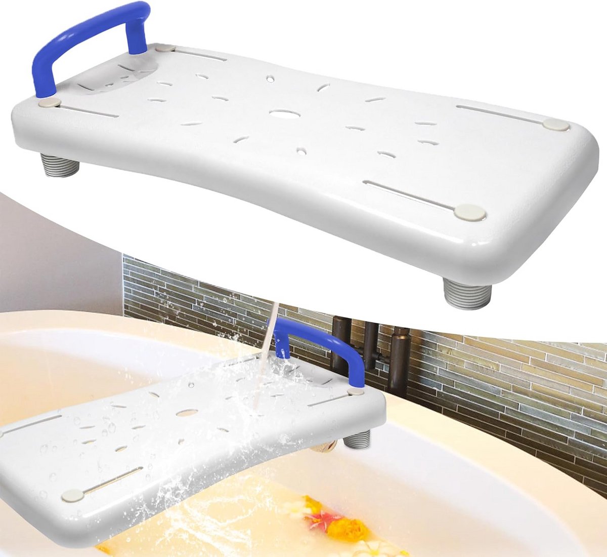 Badplank - Douche Zitting - Veilig Douchen - Verstelbare Anti-slip Voeten - 70 x 31 cm - Blauw Handvat