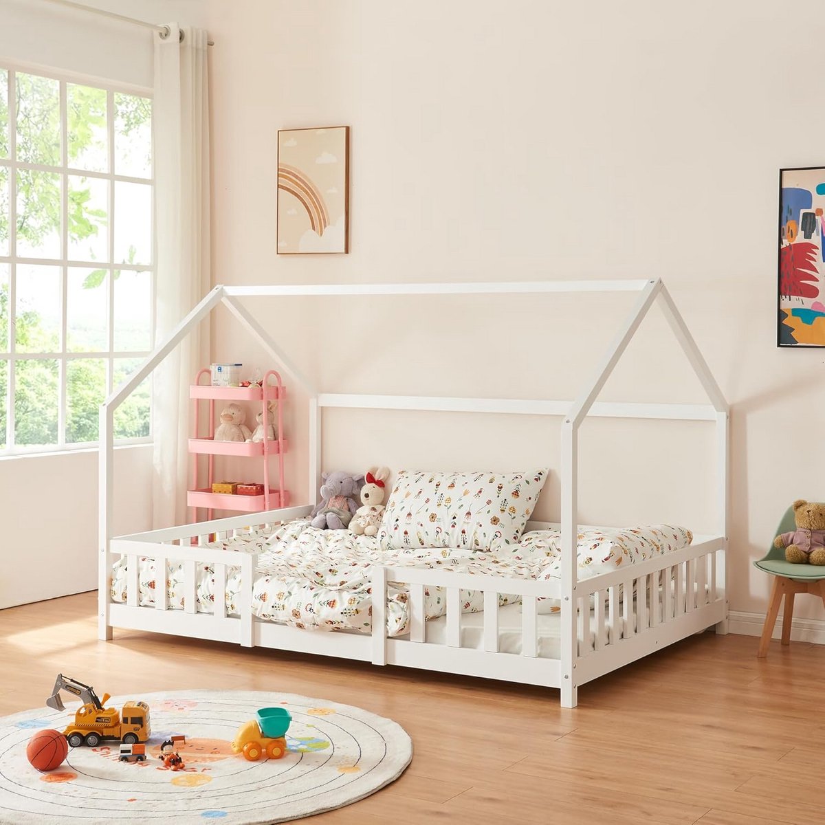 Kinderbed met beveiliging - Droomhuis bed - Veilig slapen - Stevige houten constructie - 140x200 cm - Wit mat