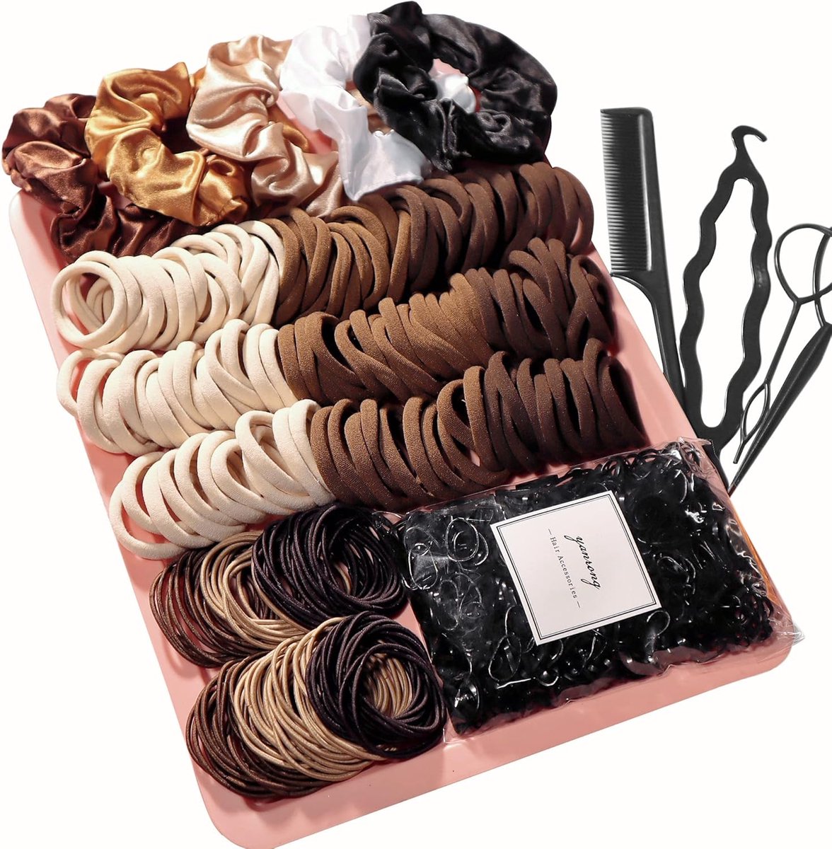 Haarbanden Set - Elastiekjes en Strikjes - Dagelijkse Haarstyling - Zonder Metaal - 809 Stuks - Bruin