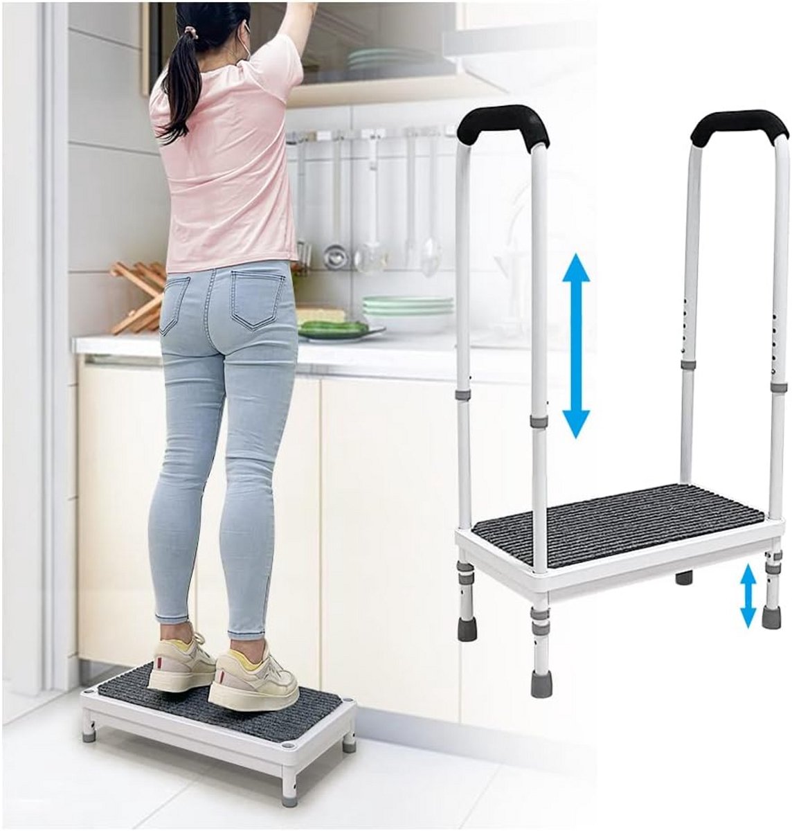 Opstapje met handvat - Hulpstuk voor bed - Veilig opstaan - Antislip platform - Tot 180 kg - Wit grijs