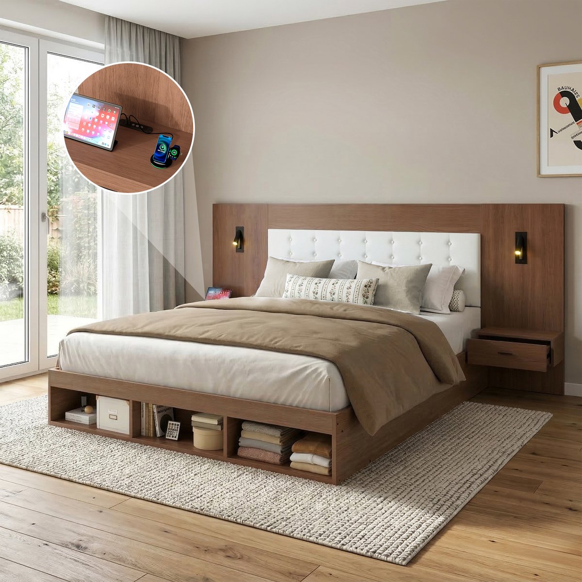 Tweepersoonsbed 180x200 cm - Opbergruimte met USB en Type-C - Leeslamp en 2 Nachtkastjes -