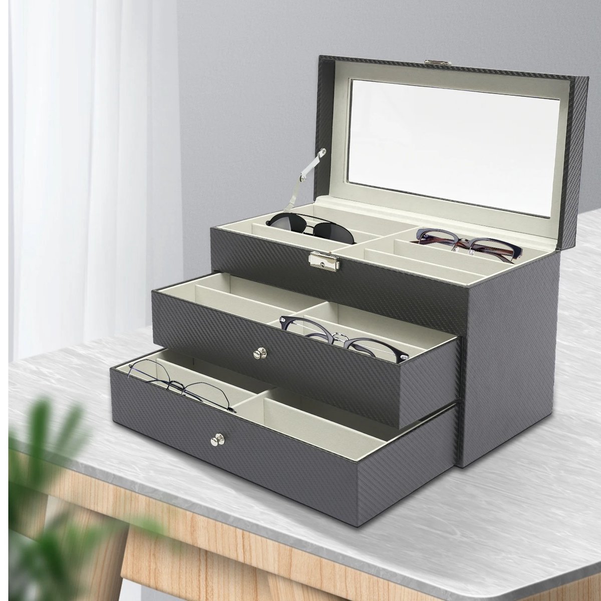 Dailygoods 3-laags brillendoos met 18 compartimenten, afsluitbare brillenorganizer, displaylade voor zonnebrillen voor t