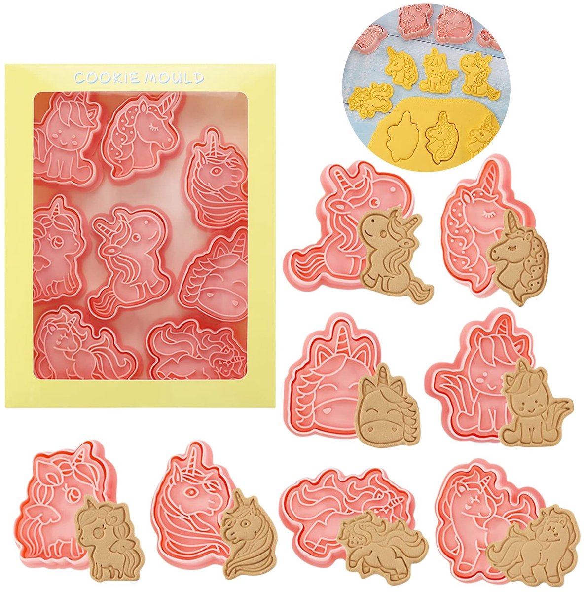 Dailygoods- Uitsteekvormen 8 Stuks - Eenhoorn/Koekjesvormen - Dieren - Herbruikbaar - Kunststof voor Levensmiddelen - Schattig Ontwerp - Koekjessnijder