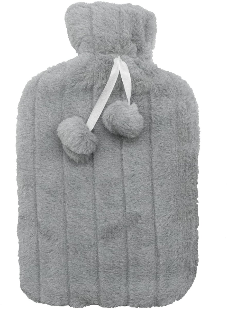 Dailygoods- Warmwaterkruikhoes Pluizig - Geschikt voor 2 Liter Fles - Huidvriendelijk - Grijs met Pompons - Perfect Cadeau voor Winterdagen - Warmwaterkruik