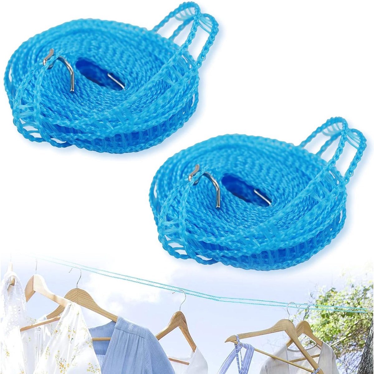 Dailygoods- Waslijn - 2 Stuks - Antislip Elastisch Touw - Draagbare Waslijn - Winddichte Outdoor Waslijn - Hoogwaardig PE-Materiaal - Drooglijn