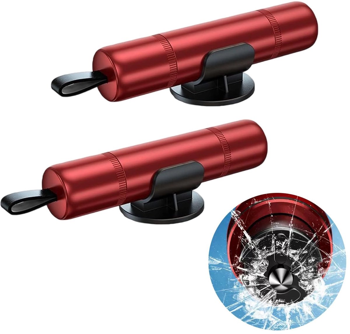 Dailygoods- Noodgereedschap 2-in-1 - Riemsnijder/Hamer - Glasbescherming - Autoveiligheid - Rood - Wolfraamstaal - Autoglasbreker