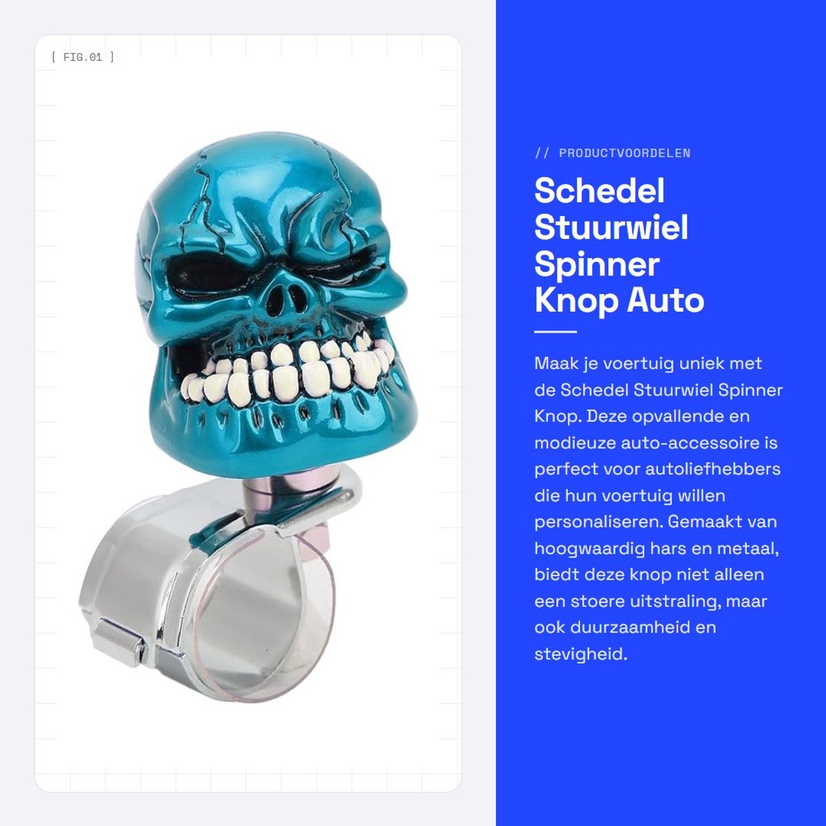 Dailygoods- Stuurwielknop Schedel - Hoogwaardig Hars/Metaal - Antislip - Duurzaam - Eenvoudige Installatie - Unieke Stijl - Stuurwielspinner