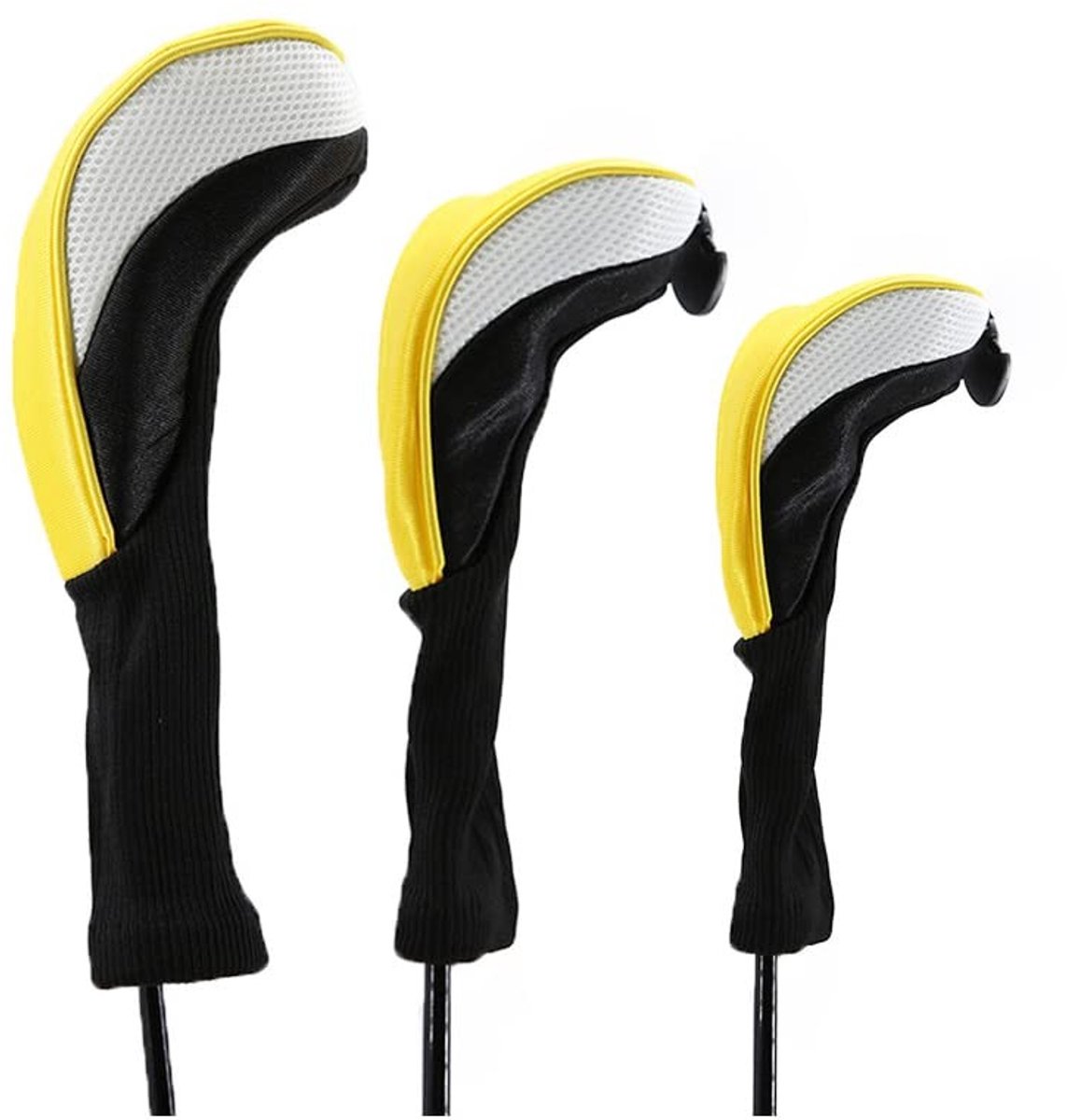 Dailygoods- Golfcover Set van 3 - Beschermhoes voor Driver/Hout/Putter - Nylon Composietstof - Geel - Afmetingen 31x13 cm - Golfclubhoes