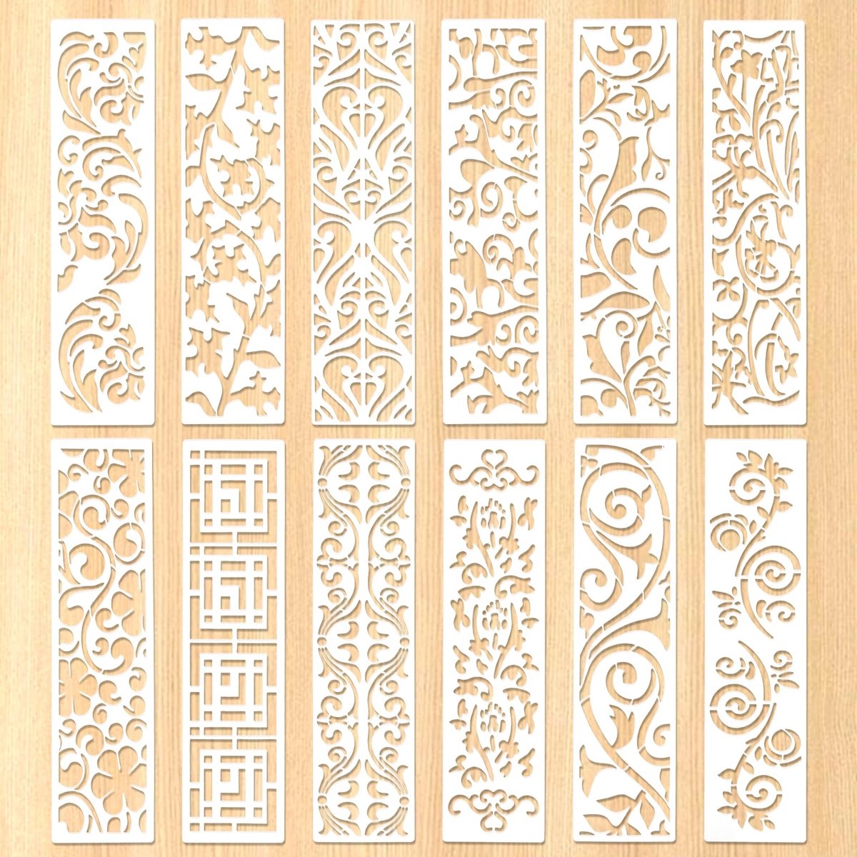 Dailygoods- Sjablonen 12-delig - Herbruikbaar - Kunststof - Geometrische Patroon - Voor Schilderen - Flexibel - 30 cm x 7,6 cm - Schilderstencils