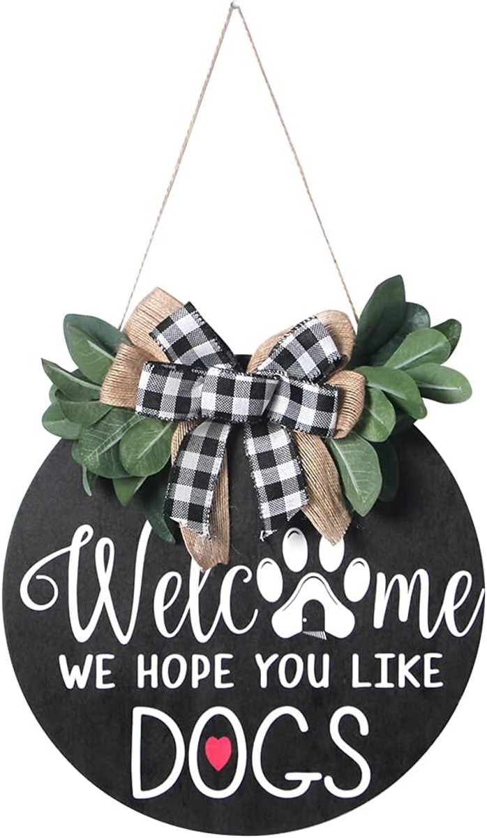 Houten Welkom Teken - Deurhanger Huis - Voordeur Decoratie - Honden Thema Design - 30 cm Diameter - Zwart