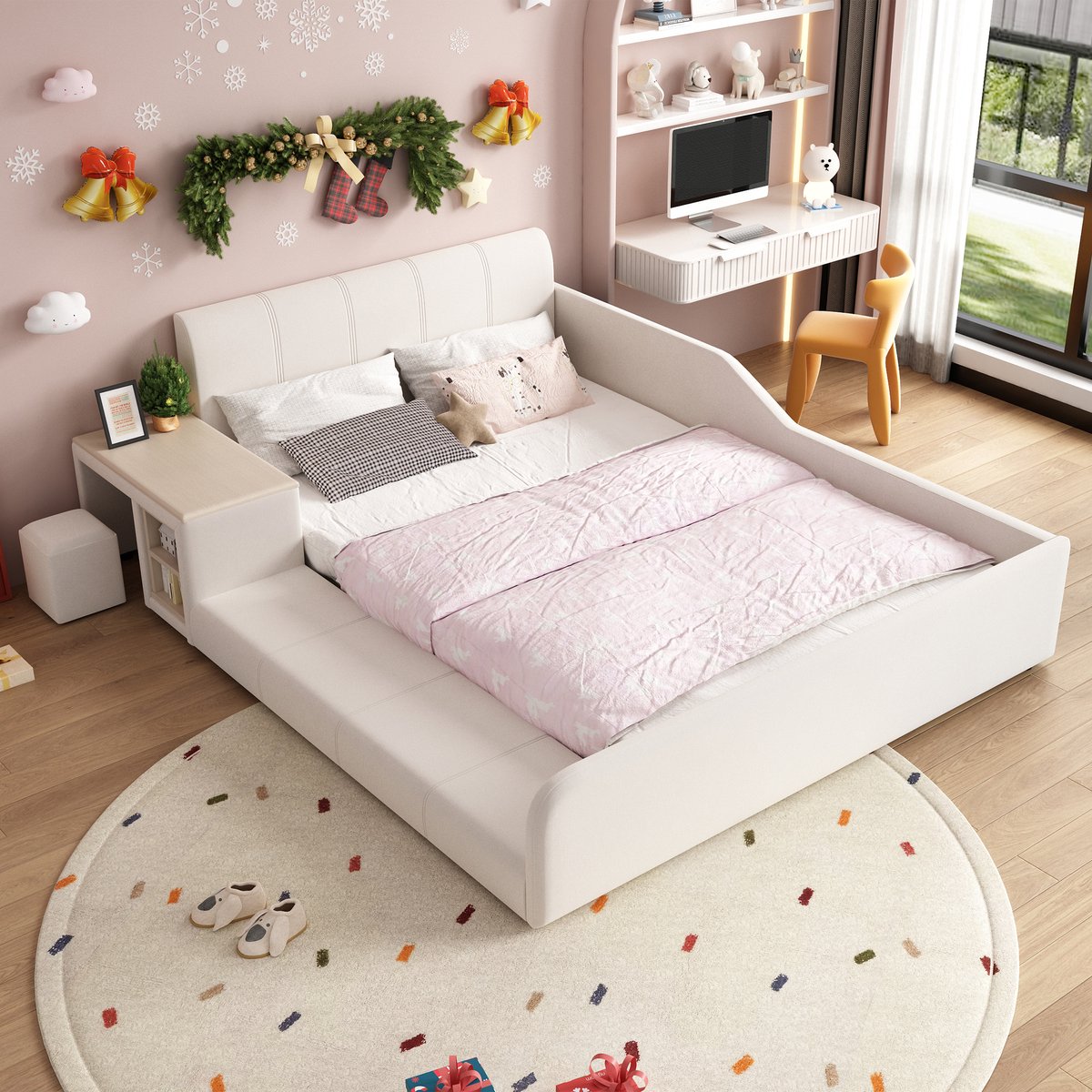 DESMIU Gestoffeerd Kinderbed 140x200cm – Kinderbed Met Bureau En Kruk – Opbergplank Voor Leren En Spelen – Voor Kinderkamer – Zachte Fluweel – Wit – Zonder matras