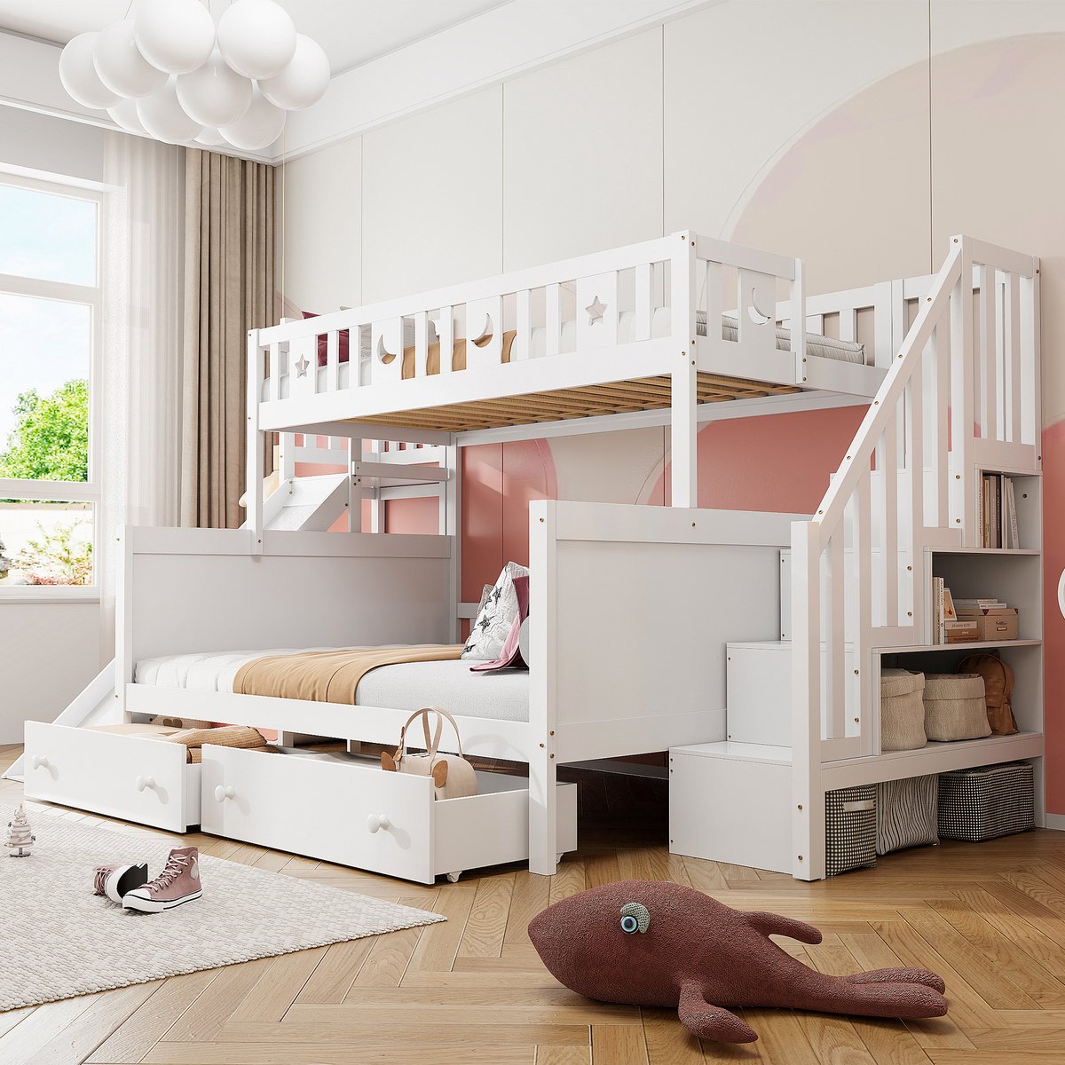 DESMIU Kinderstapelbed 90 x 200 cm en 140 x 200 cm - Hoogslaper Met Glijbaan En Opbergruimte - Met Lades - Voor Kinderkamer - Massief Hout - Wit - Zonder matras