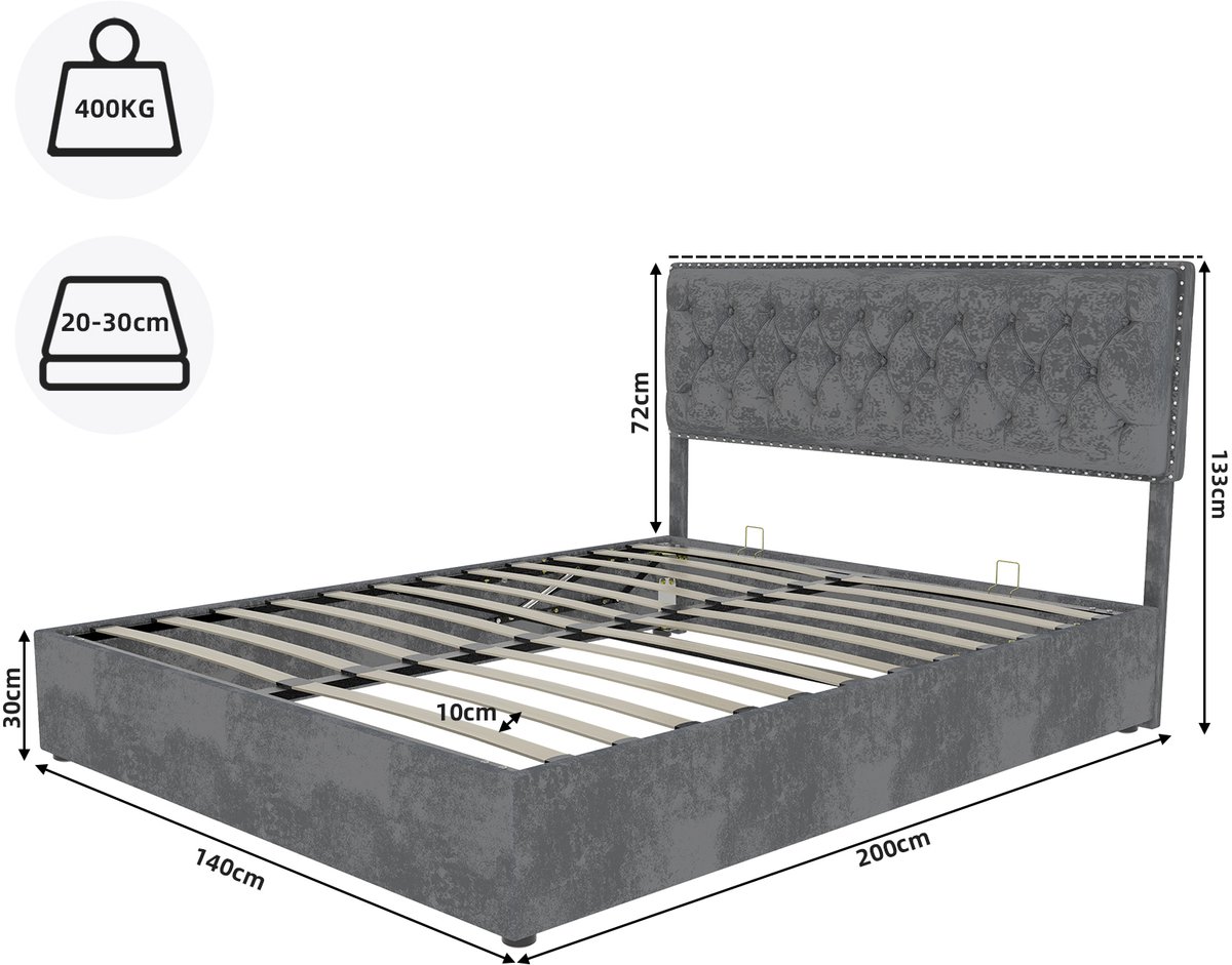 DESMIU Gestoffeerd Bed 140x200cm – Elegant Hoofdbord Met Opbergruimte Onder Het Bed – Stevige Houten En Metalen Constructie – Slaapkamer – Grijs – Zonder Matras
