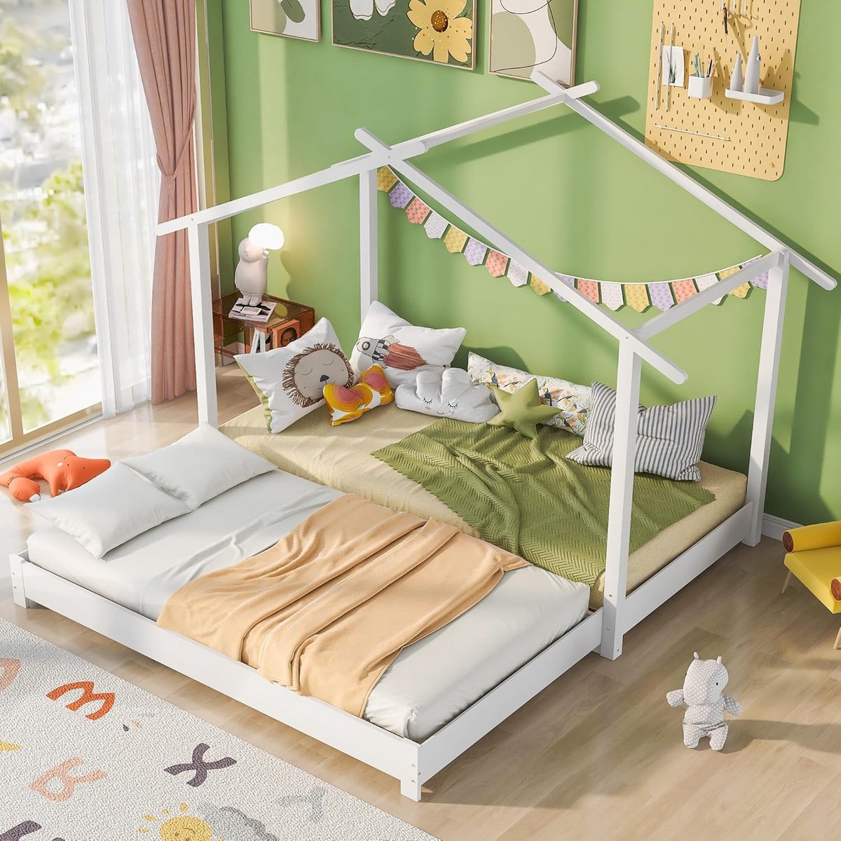 Kinderbed Huisje - Uitbreidbaar Bed - Veilige Slaapplek - Duurzaam Vuren Hout - 90/180 x 190 cm - Wit