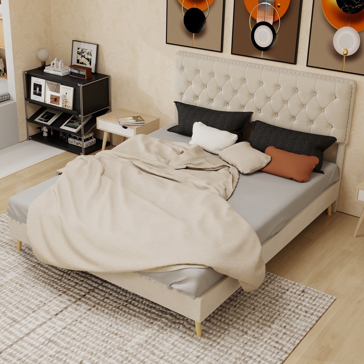 DESMIU Gestoffeerd Bed 160x200cm – Elegant Hoofdbord Met Nieten – Lage Bedconstructie Met Opbergruimte Onder Bed – Voor Slaapkamer – Stof En Metaal – Beige – Zonder Matras