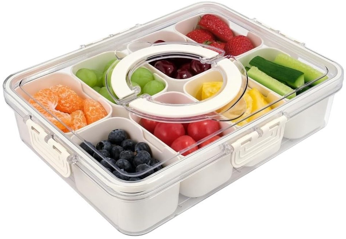 Dailygoods- Snacktray 8 Compartimenten - Transparante Organizer - Herbruikbaar Plastic - 31 x 24 x 7 cm - Gezond en Duurzaam - Met Deksel en Handvat - Voedselopberger