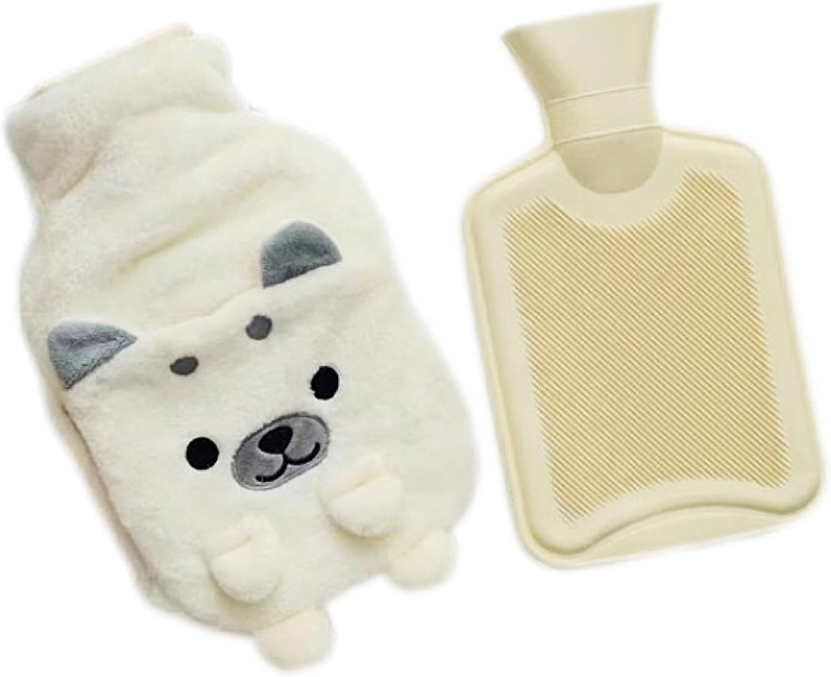 Warmwaterkruik met Pluche Hoes - Warmtekruik Kruik - Pijnverlichting - Natuurlijk Rubber - 1 Liter - Wit