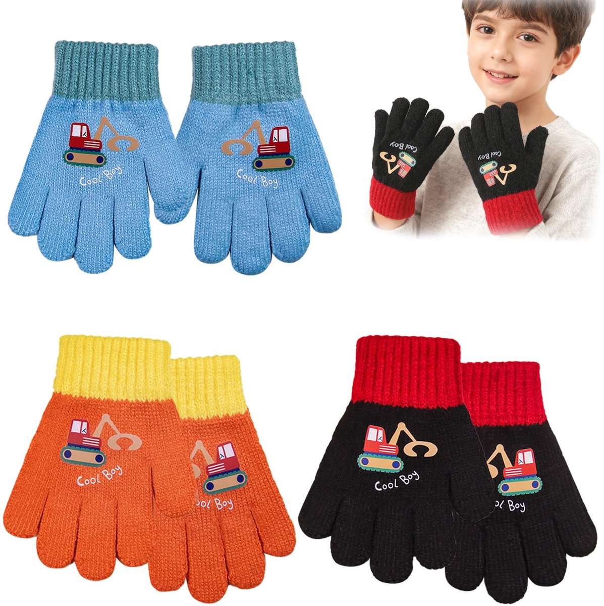 Dailygoods- Winterhandschoenen Kinderen - 3 Paar - Volledige Vingerhandschoenen - Warme Gebreide Handschoenen - Cartoonpatroon - Geschikt voor 3-5 Jaar - Kinderhandschoenen