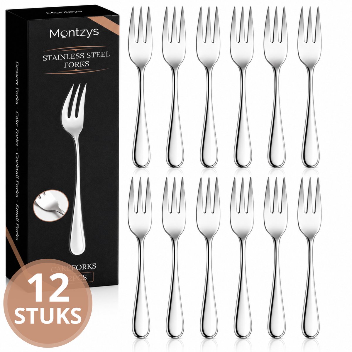 Montzys® Gebaksvorkjes Set - 12 Stuks - RVS Taartvorkjes - 14CM - Kleine Vorkjes - Ideaal voor Gebak en Dessert