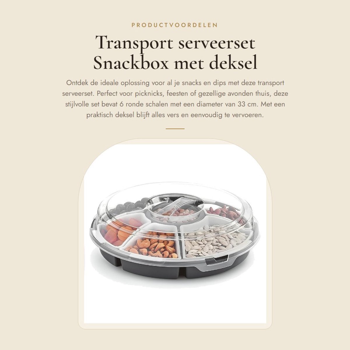 Dailygoods- Serveerset met 6 Schalen - Ø 33 cm - Ronde Snack/Dip Transportbox met Deksel - Vaatwasmachinebestendig - Snackborden - Schotels voor Tapas - Geschikt voor Home & Decor - Snackbox