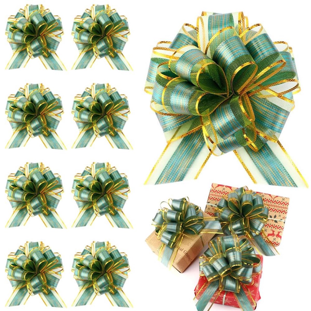 Dailygoods- Lintstrikken 10 stuks - Groene Lintstrikken met Gouden Rand - Organza Cadeauverpakking - Trekstrikken - Bloemendecoraties - 15 cm Hoogte - Cadeauband