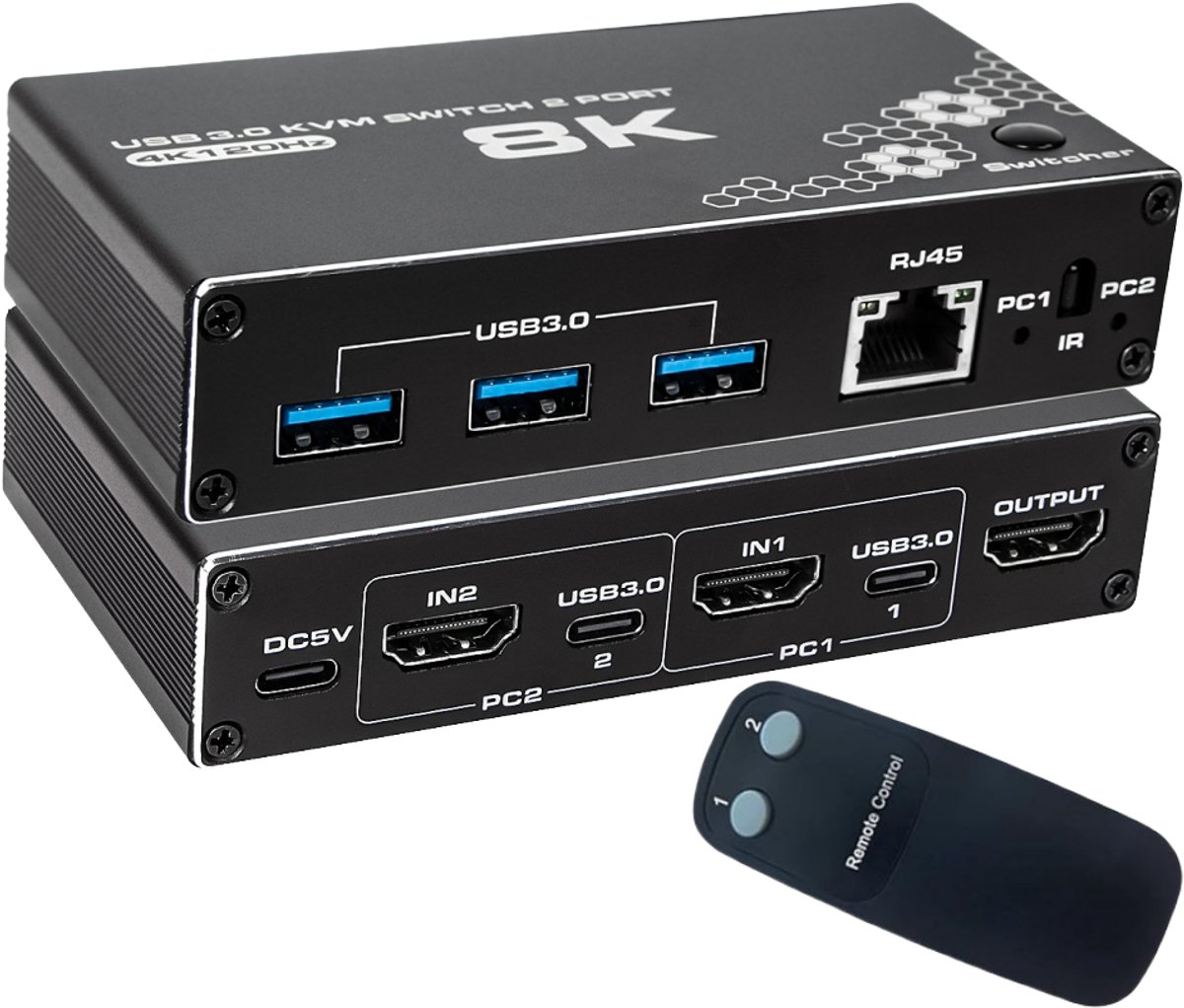 KVM Switch HDMI & USB-C – 2 PC's naar 1 Monitor – 8K@60Hz – USB 3.0 & RJ45 – Inclusief Afstandsbediening