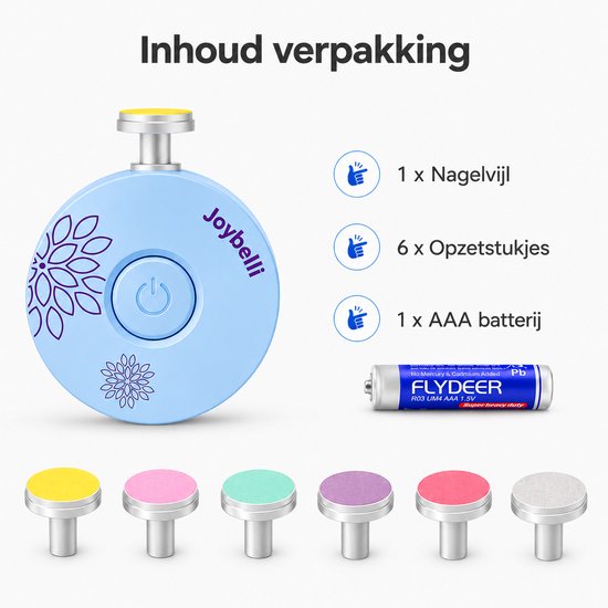 Inhoud van de verpakking: Joybelli elektrische babynagelvijl, 6 opzetstukken en 1 AAA batterij.