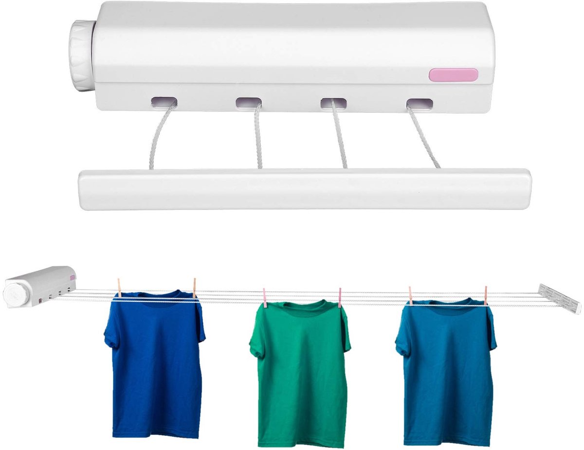 Dailygoods- Waslijn Uittrekbaar 3,75 m - Wanddroogrek - Uittrekbare Waslijn - Draagbare Waslijn - Ruimtebesparend - Tot 8 kg Belastbaar - Drooglijn