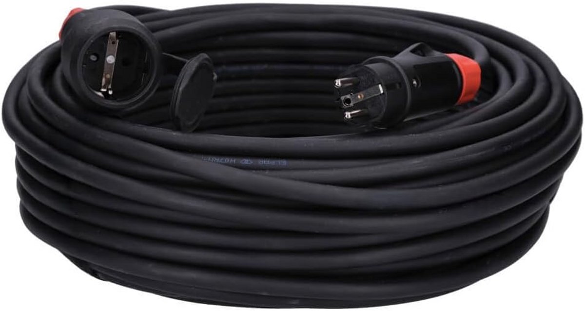 Rubberen Verlengkabel - Stroomkabel Buiten - Tuin Stroomvoorziening - Spatwaterdicht IP54 - 30 Meter - Zwart