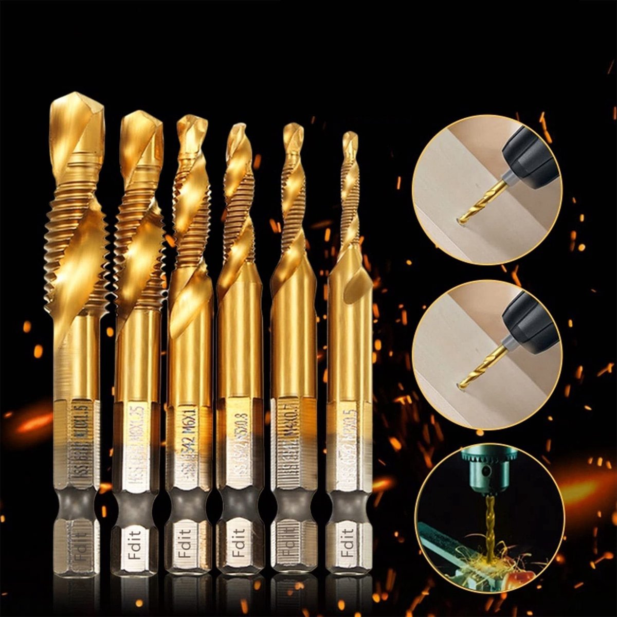 Dailygoods- Taps Set van 6 - HSS Metaaldraadboor - Titanium Gecoat - M3/M4/M5/M6/M8/M10 - Hex Shank 6.35mm - Schokbestendig en Duurzaam