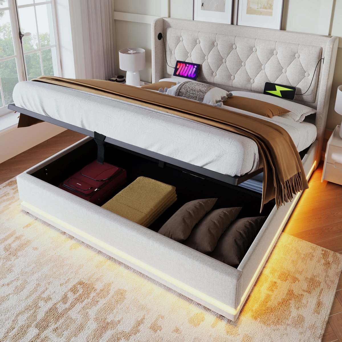 DESMIU Gestoffeerd Bed 180x200 cm – USB-C Laadfunctie in Hoofdbord – Hydraulische Opbergruimte en Driezijdige Ledverlichting – Tweepersoonsbed Zonder Matras – Katoen – Beige