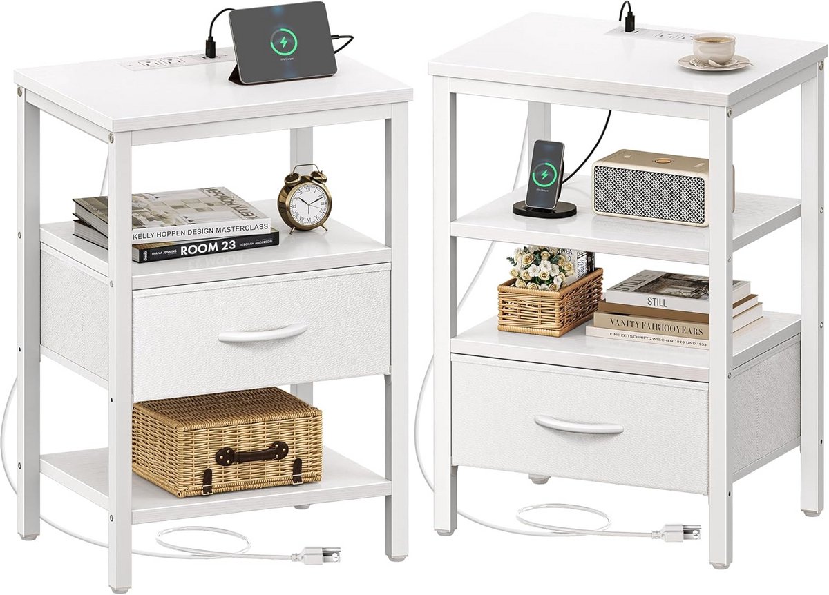 Nachtkastje Set - Bijzettafel - Slaapkamer Opbergen - Met Oplaadstation - Set van 2 - Wit