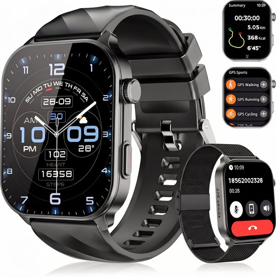 Zwarte smartwatch met horlogeband en diverse schermweergaves, inclusief activiteit en hartslag.