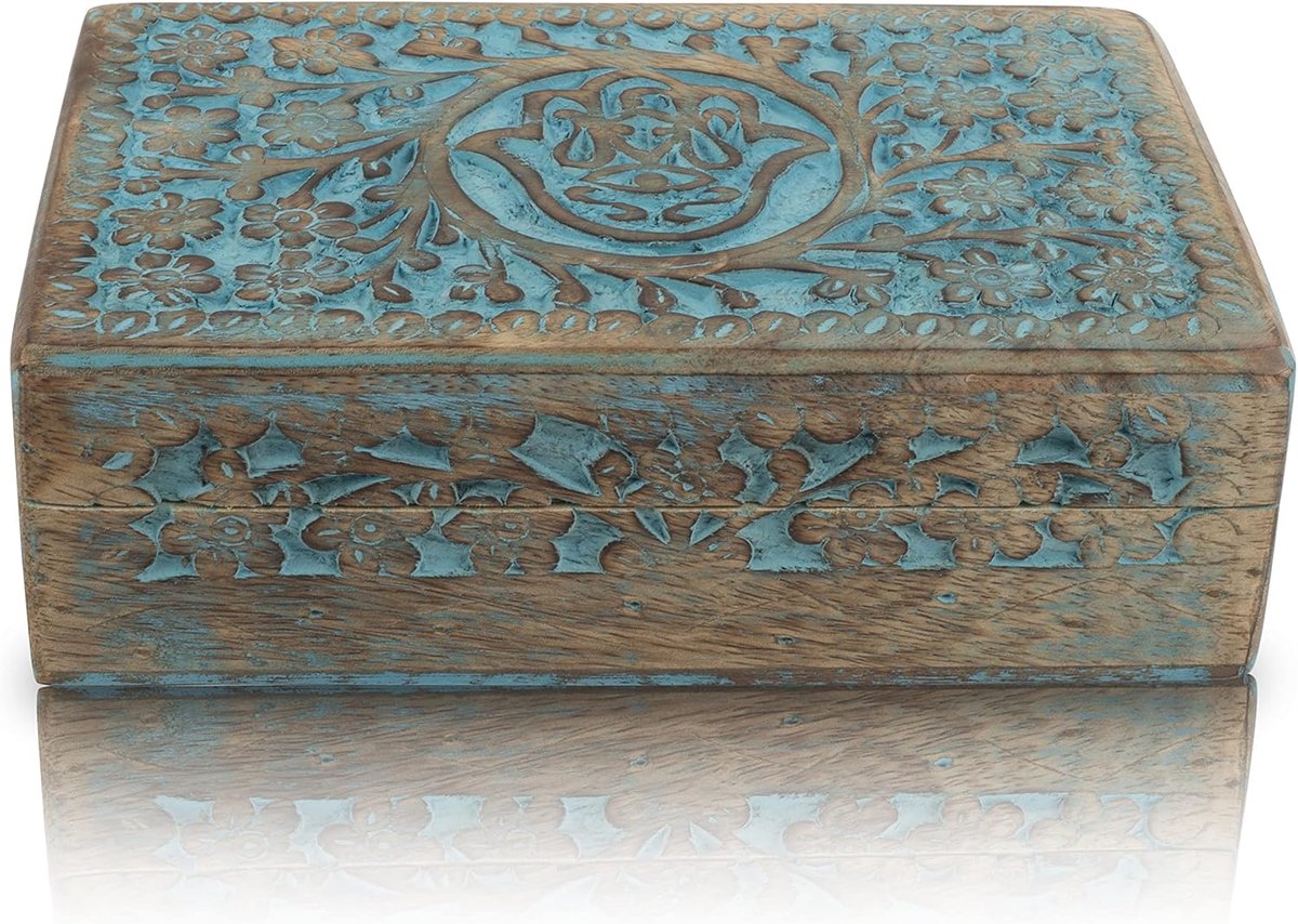 Houten sieraden doos - Aandenken kistje - Sieraden opbergen - Handgesneden Hamsa - 20 x 12 cm - Blauw