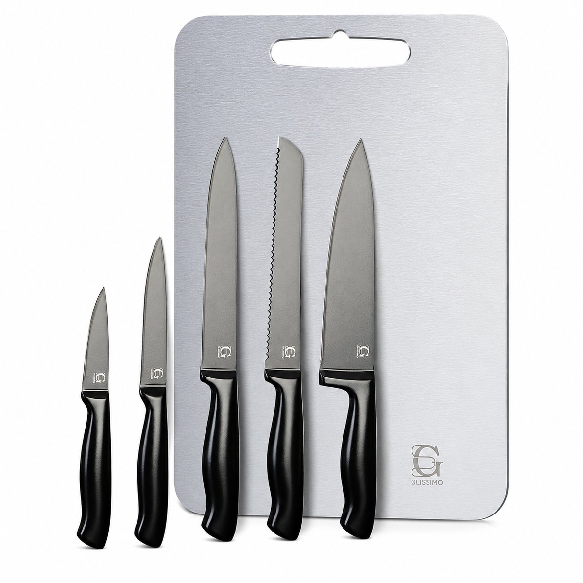 Glissimo Cookware - Messenset met RVS Snijplank – 6-delig – Zwart