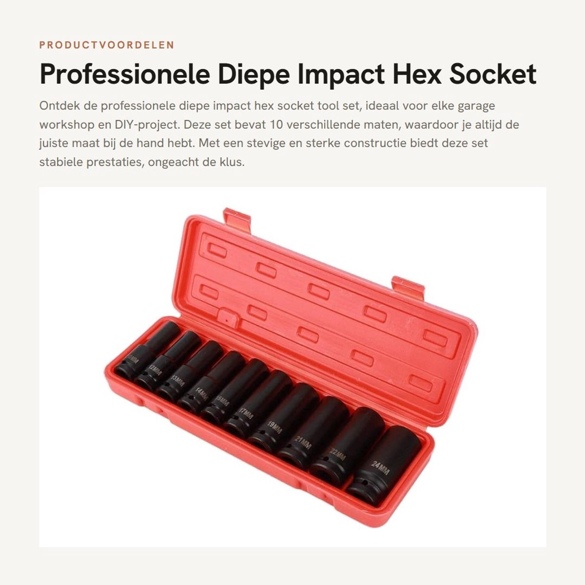 Dailygoods- Impact Socket Set 10 Stuks - Chroom Vanadium Staal - Diepe Steeksleutels - Professionele Kwaliteit - Diverse Maten - Hoogwaardige Doos - Steeksleutel