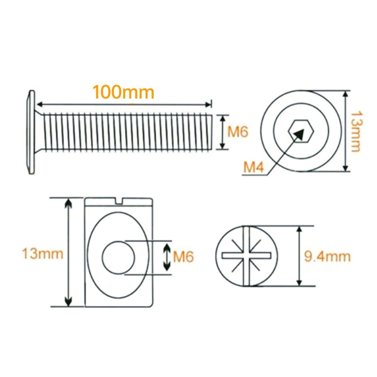 Dailygoods- Meubelschroeven 40 mm - Verzinkt Koolstofstaal - Cilindermoeren/Deuvelmoeren - 10 Stuks - Duurzaam - Stabiele Bevestiging - Bevestigingsbouten