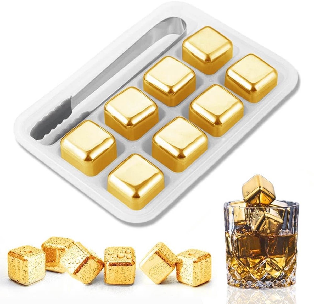 Dailygoods- Whiskystenen Goud - 8 Stuks - Roestvrij Staal - Silicagel IJsclip - Herbruikbaar - Glad Oppervlak
