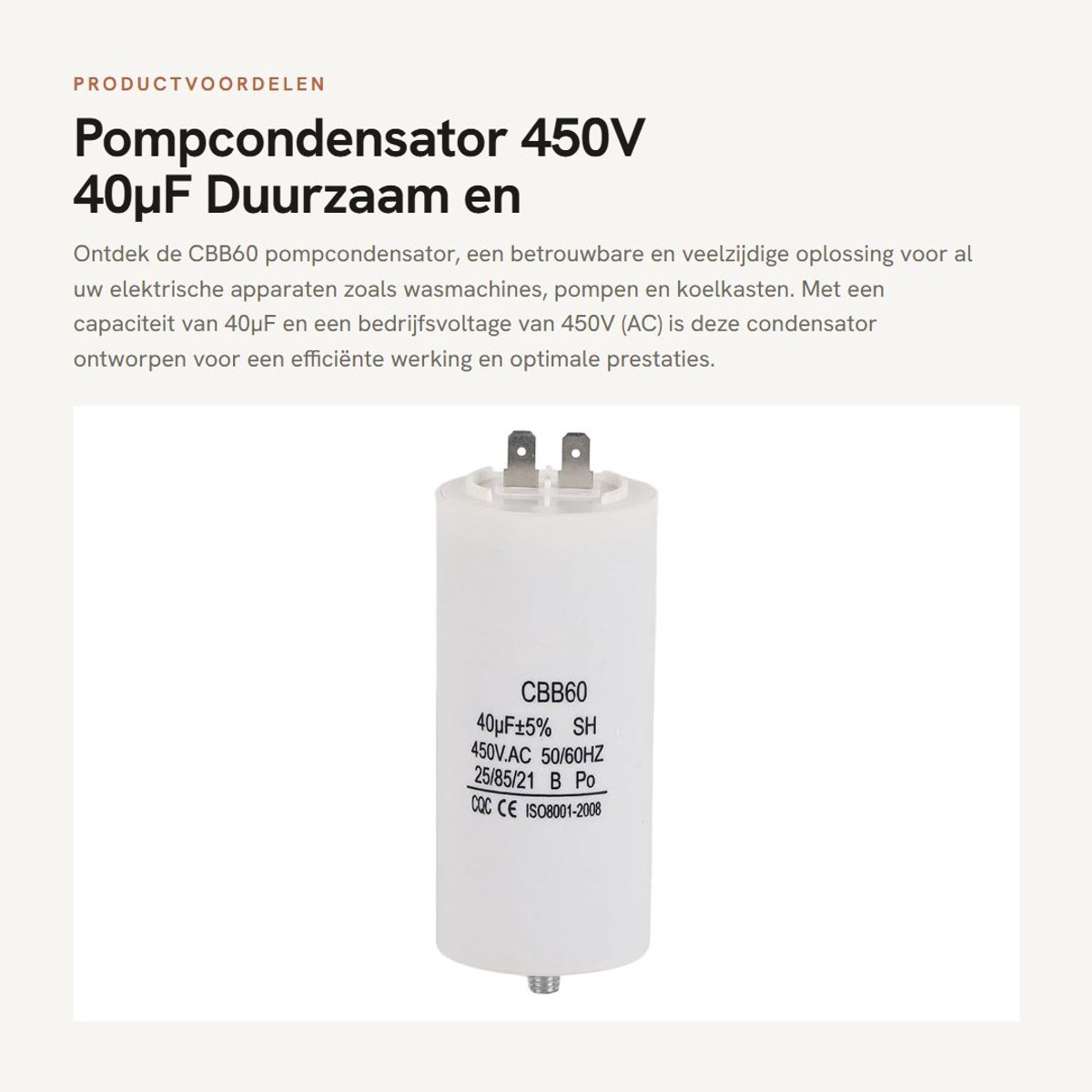 Dailygoods - Pompcondensator 450V 40µF - Duurzaam en betrouwbaar - Voor waterpompen - Geschikt voor wasmachines - Efficiënt in gebruik - Betrouwbare p...
