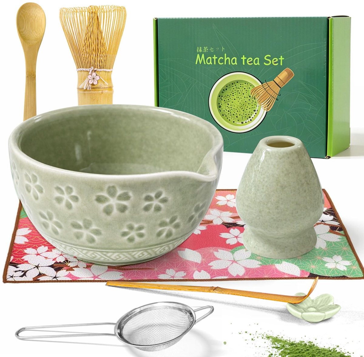 Dailygoods- Matcha-set 8-delig - Matcha-schaal met uitloop - Bamboe Chasen - Roestvrijstalen filterzeef - Chashaku - Keramische gebruiksvoorwerpenhouder - Theeset