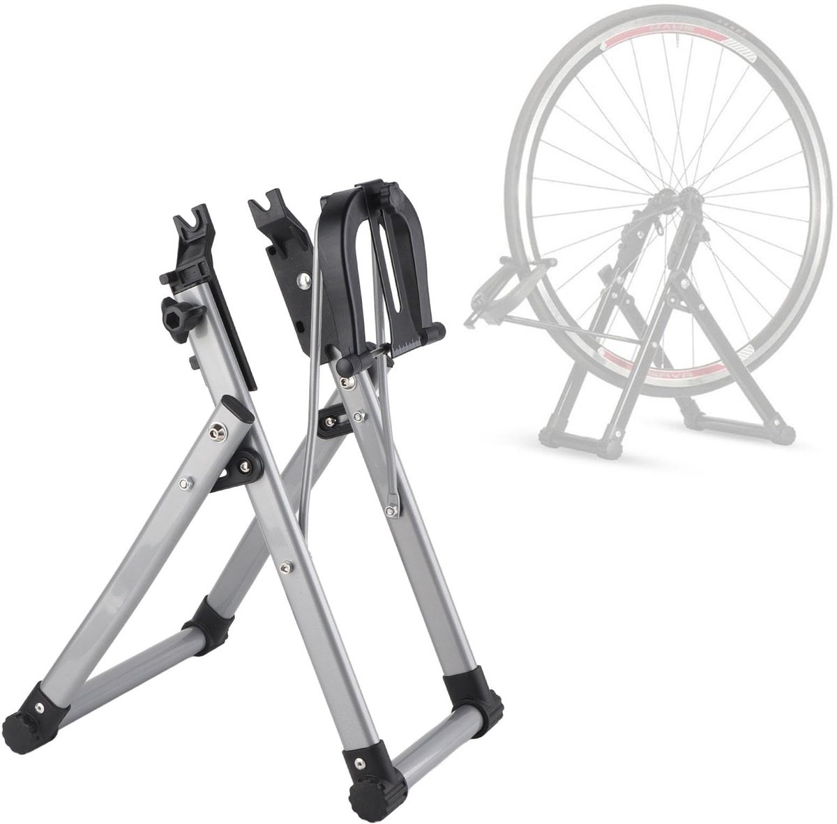 Dailygoods- Fietswielstandaard Opvouwbaar - Aluminium Ondersteuning - Verstelbare Metingen - Krasbescherming - Voor- en Achtersteun - Duurzaam Frame - Fietsstandaard