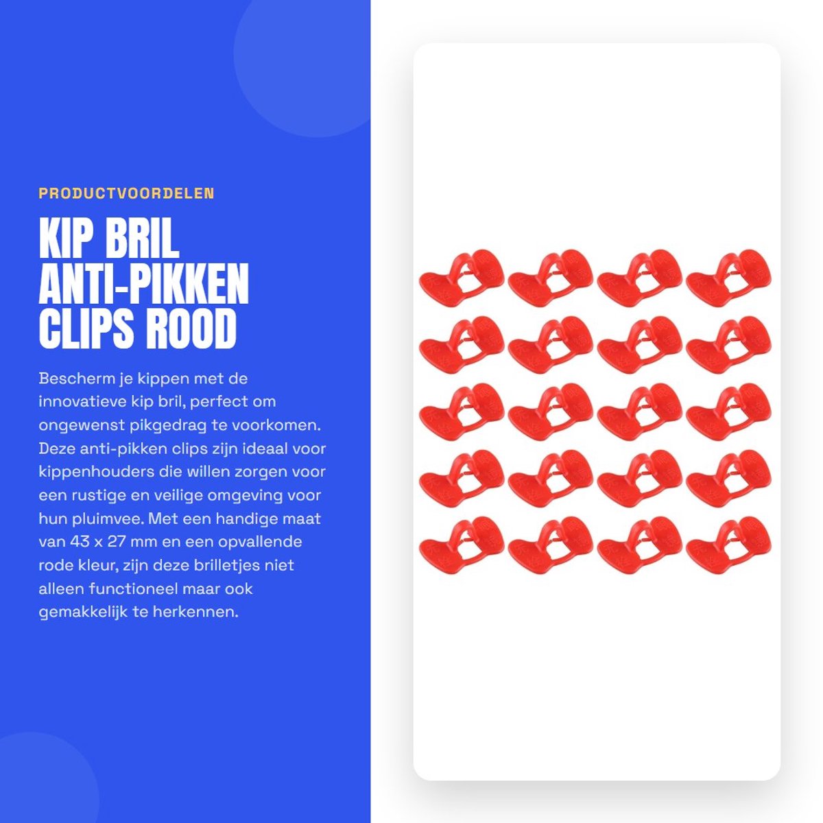 Dailygoods- Pikken Clips 20 Stuks - Kip Bril - Kunststof - Rood - 43x27mm - Stevig Dragen - Ingenieus Ontwerp - Kippenbril