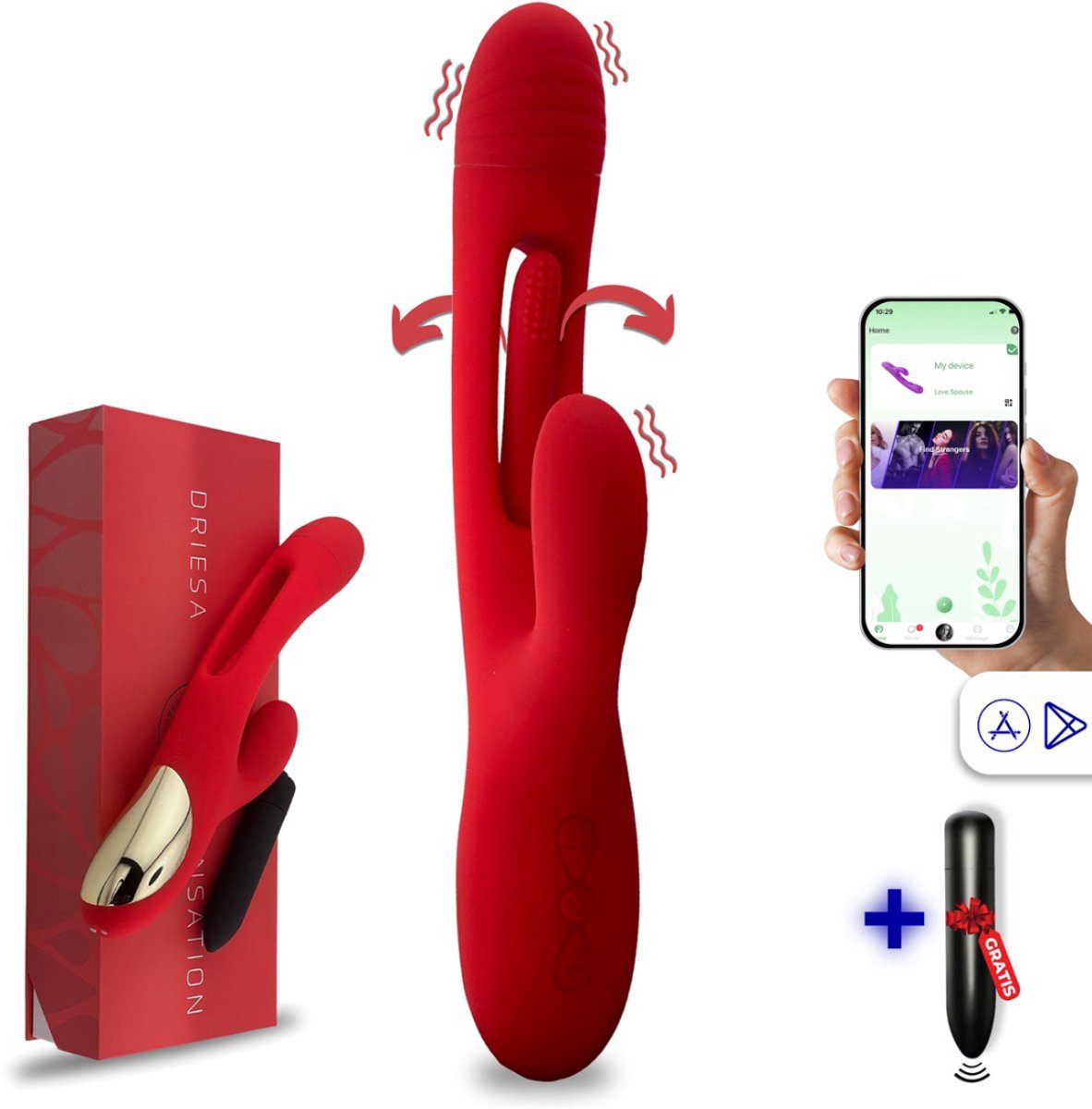 Bol.com SlipperyHeights® Driesa 3-in-1 Rabbit Vibrator voor Vrouwen met App – G Spot & Clitoris Stimulator – 21 Standen – Inclus... aanbieding