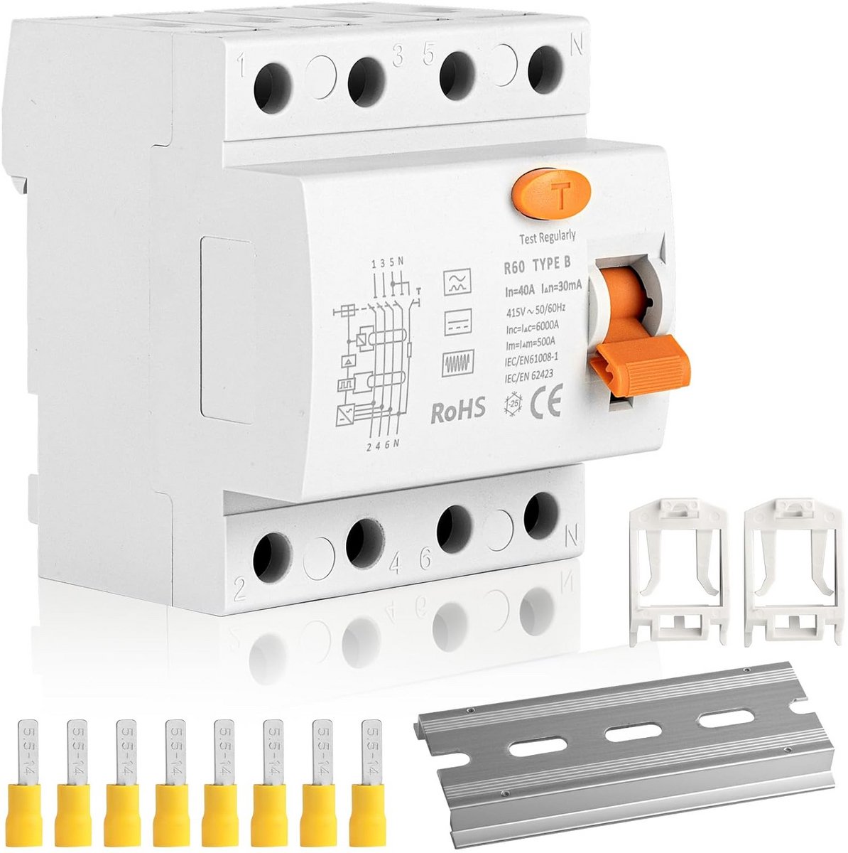 Stroomonderbreker type B - Aardlekbeveiliging RCD - Elektrische installaties beveiligen - Allstroomgevoelig DC - 40A 30mA 4-polig - Grijs