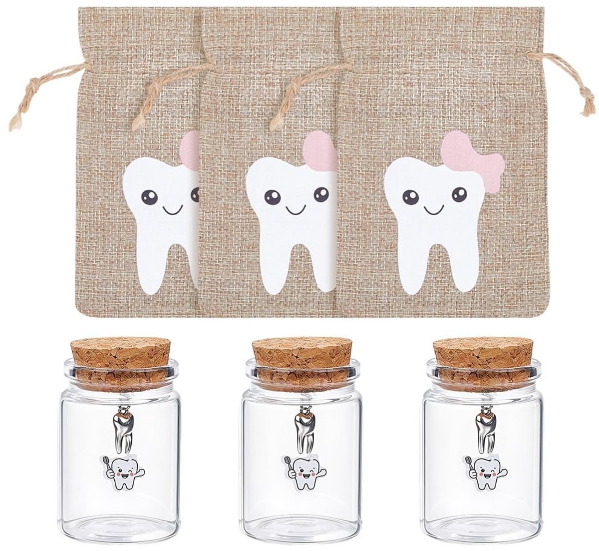 Dailygoods - Tand glazen flessen - Glazen flessen met kurk - Roze Fairy Tooth zakken - Herinneringen bewaren - 3 Stuks - Voor het bewaren van eerste t...